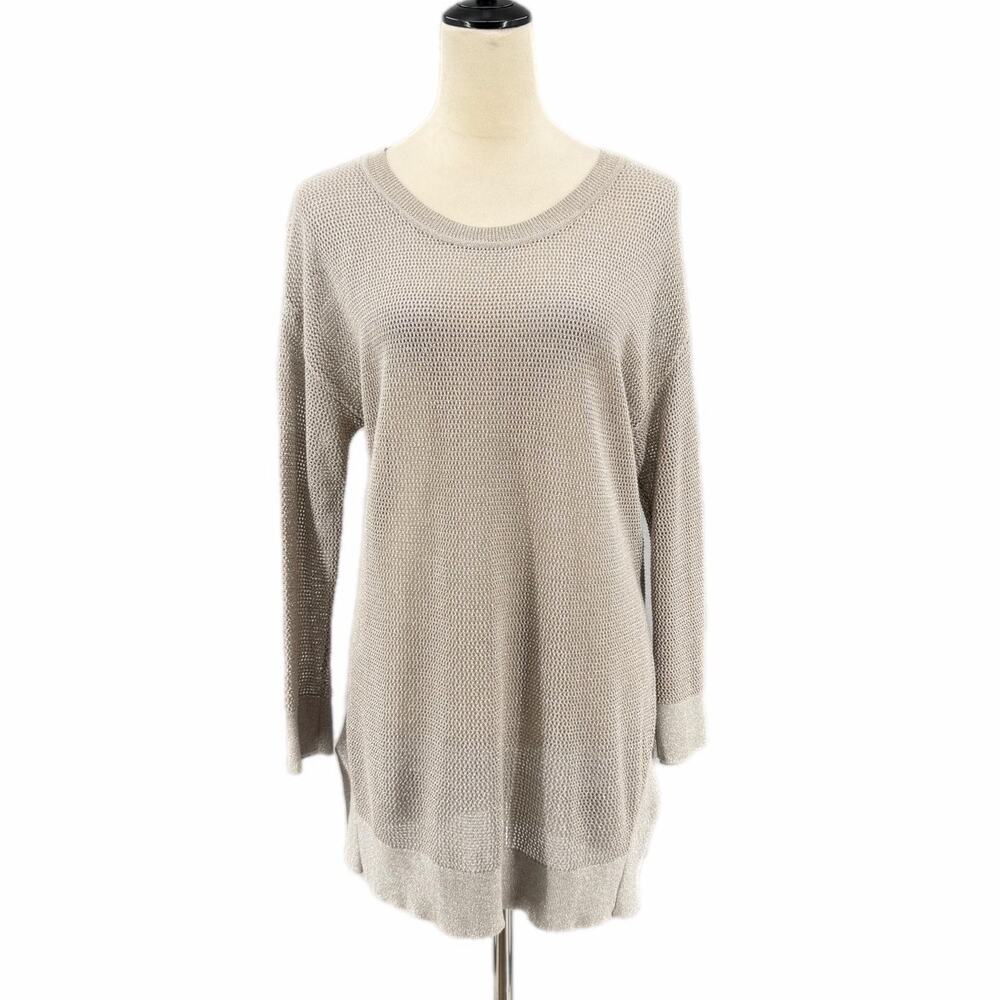 Tribal Taupe Silver Metallic Open Knit Casual Sparkle Lightweight Chic Sweater